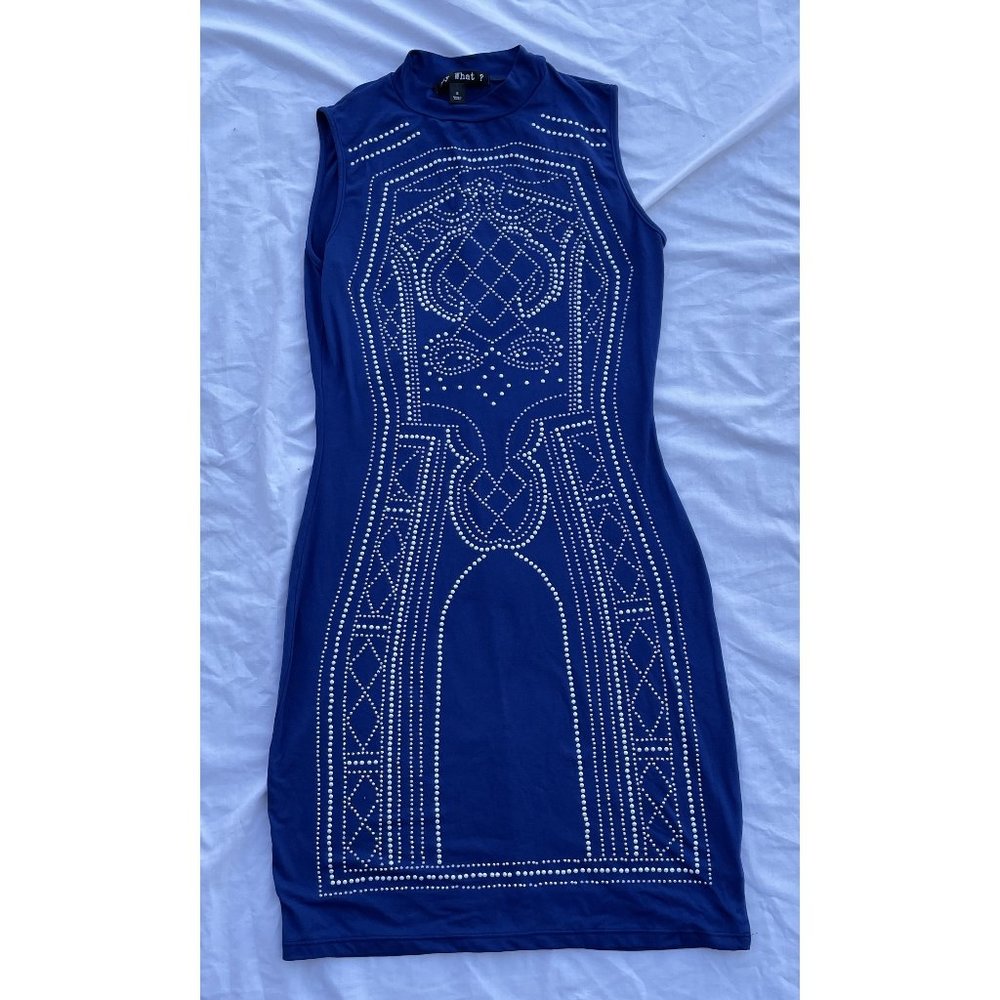 Blue Sleeveless Dress with Silver Beaded Design S